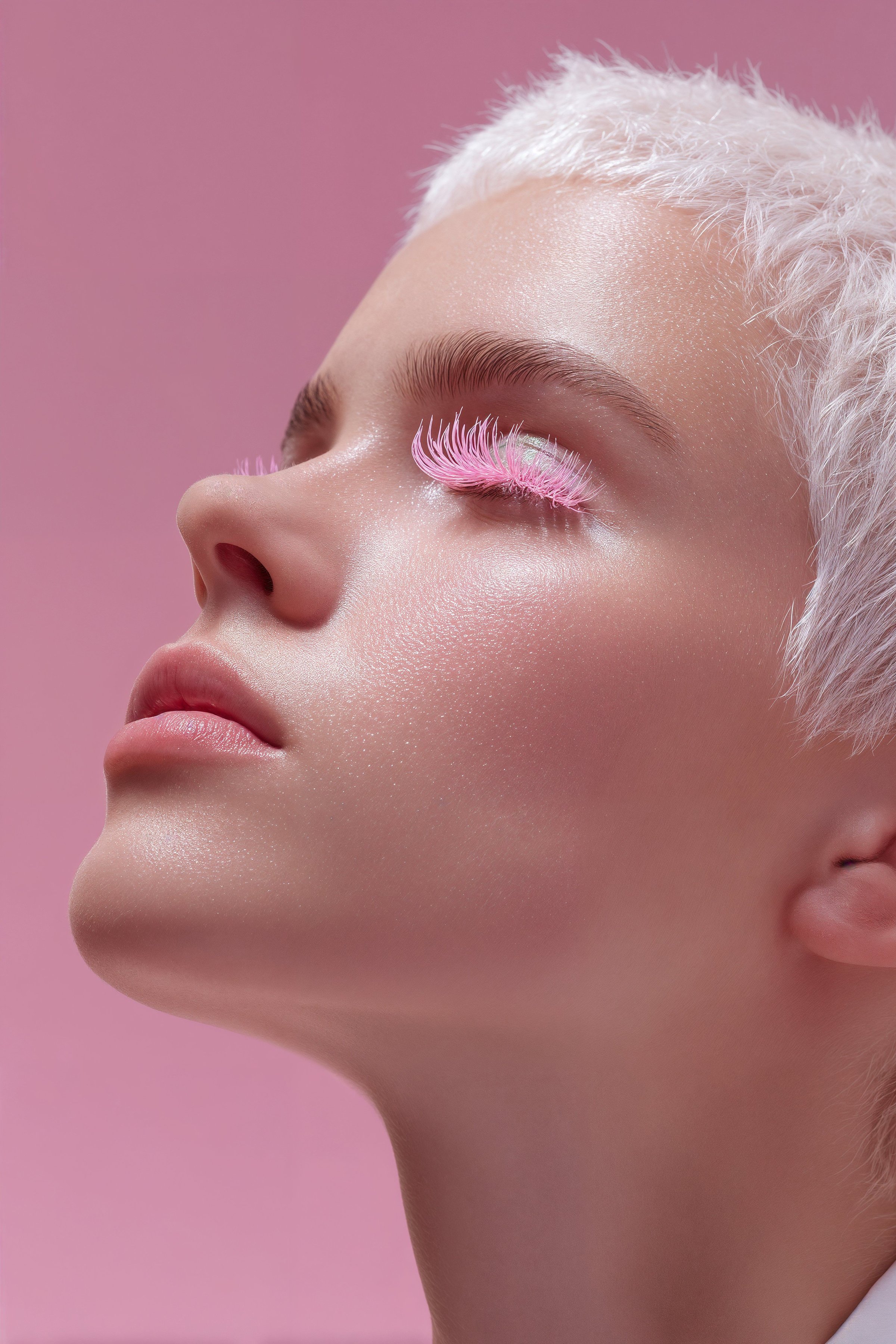 A model poses with her head tilted slightly, showcasing striking pink eyelashes and a smooth complexion. The soft pink background
