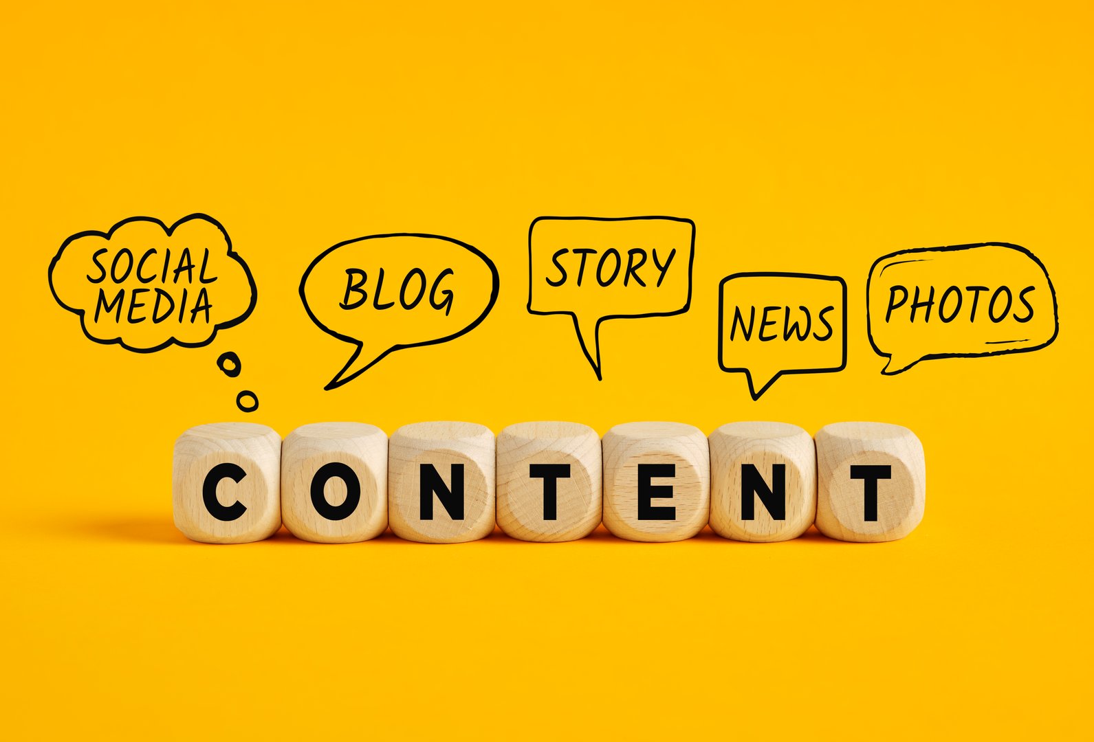 Wooden cubes composing the word content with thought and speech bubbles containing different types of content creation on yellow background