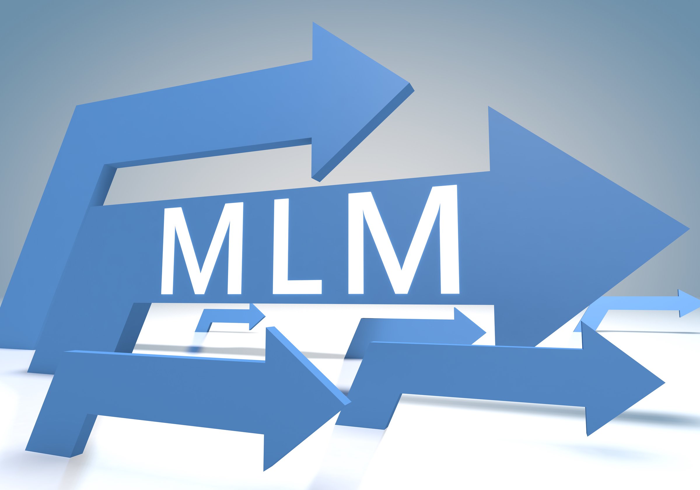 Multi Level Marketing 3d render concept with blue arrows on a bluegrey background.
