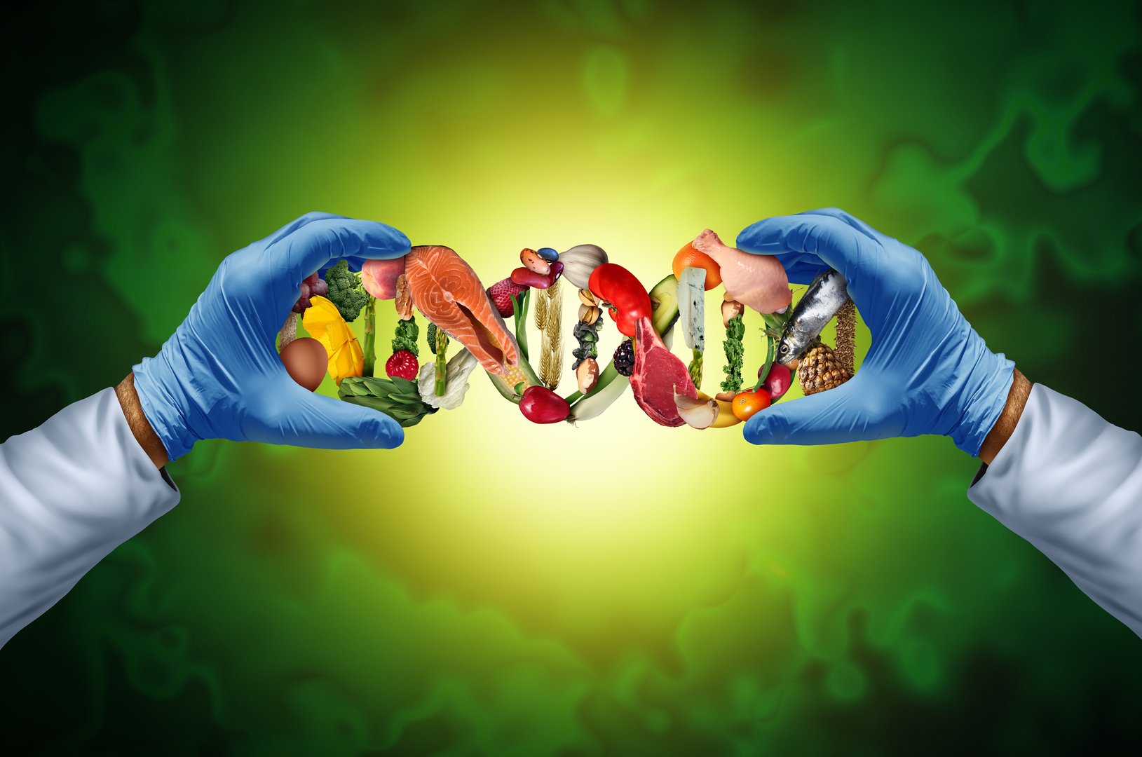 Nutrition Science and Food genetics or Balanced Diet genetic biology as Nutritional sciences as a nutritionist or scientist with nutrients with a DNA strand as a dietary health concept for wellness.