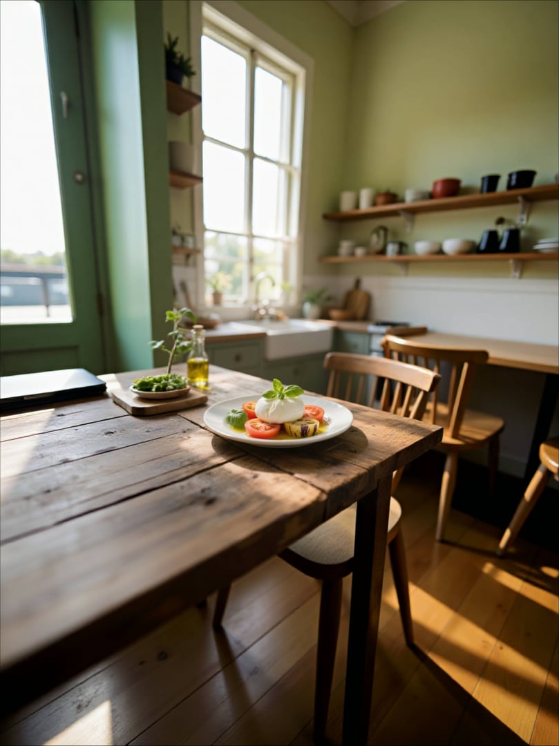 Delicious burrata salad with grilled vegetables and sliced tomatoes sits on a rustic wooden table in a sunlit kitchen, creating a cozy and inviting atmosphere