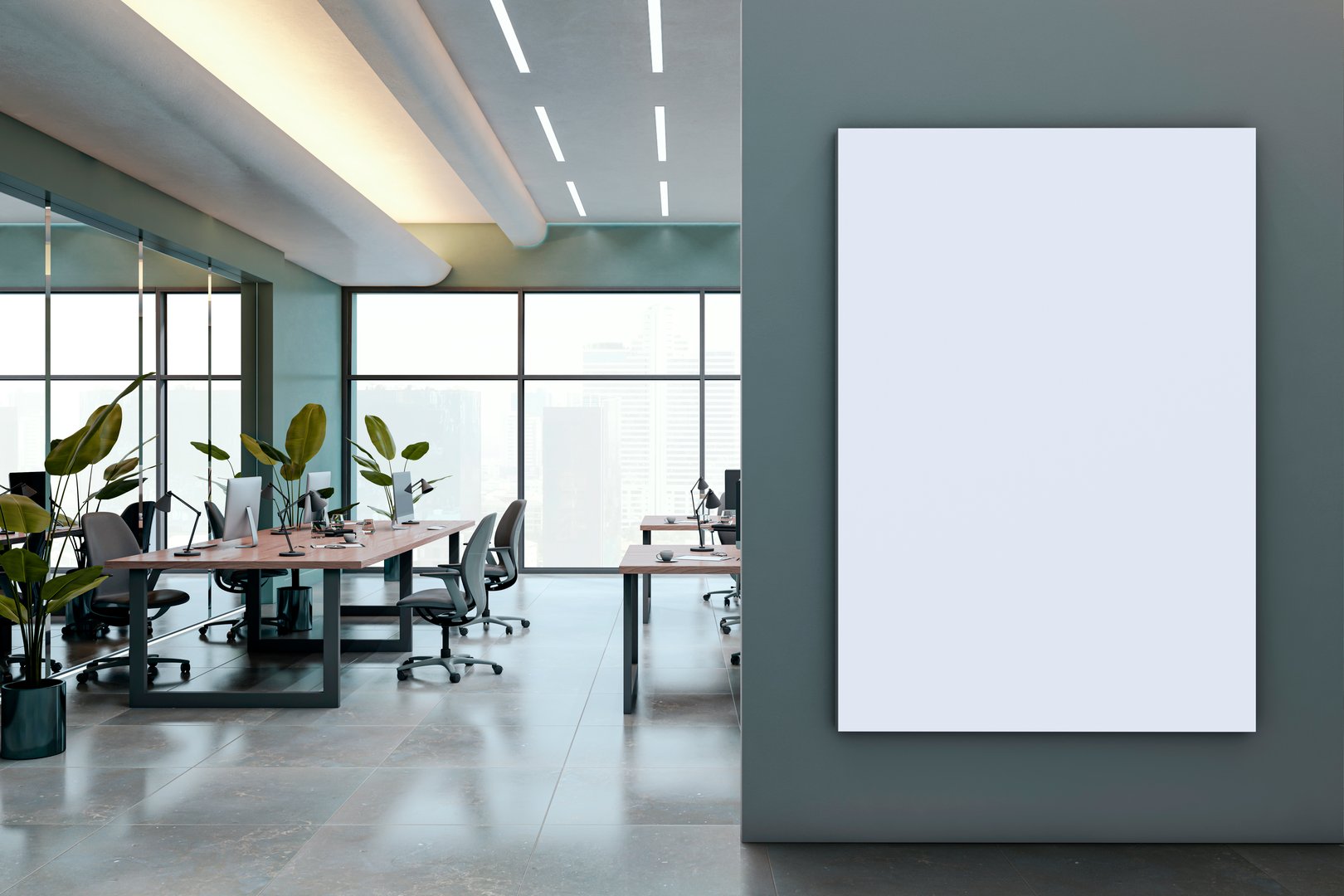 Modern office interior featuring an empty vertical poster frame on a dark wall, open workspace with plants and city view in background, 3D Rendering