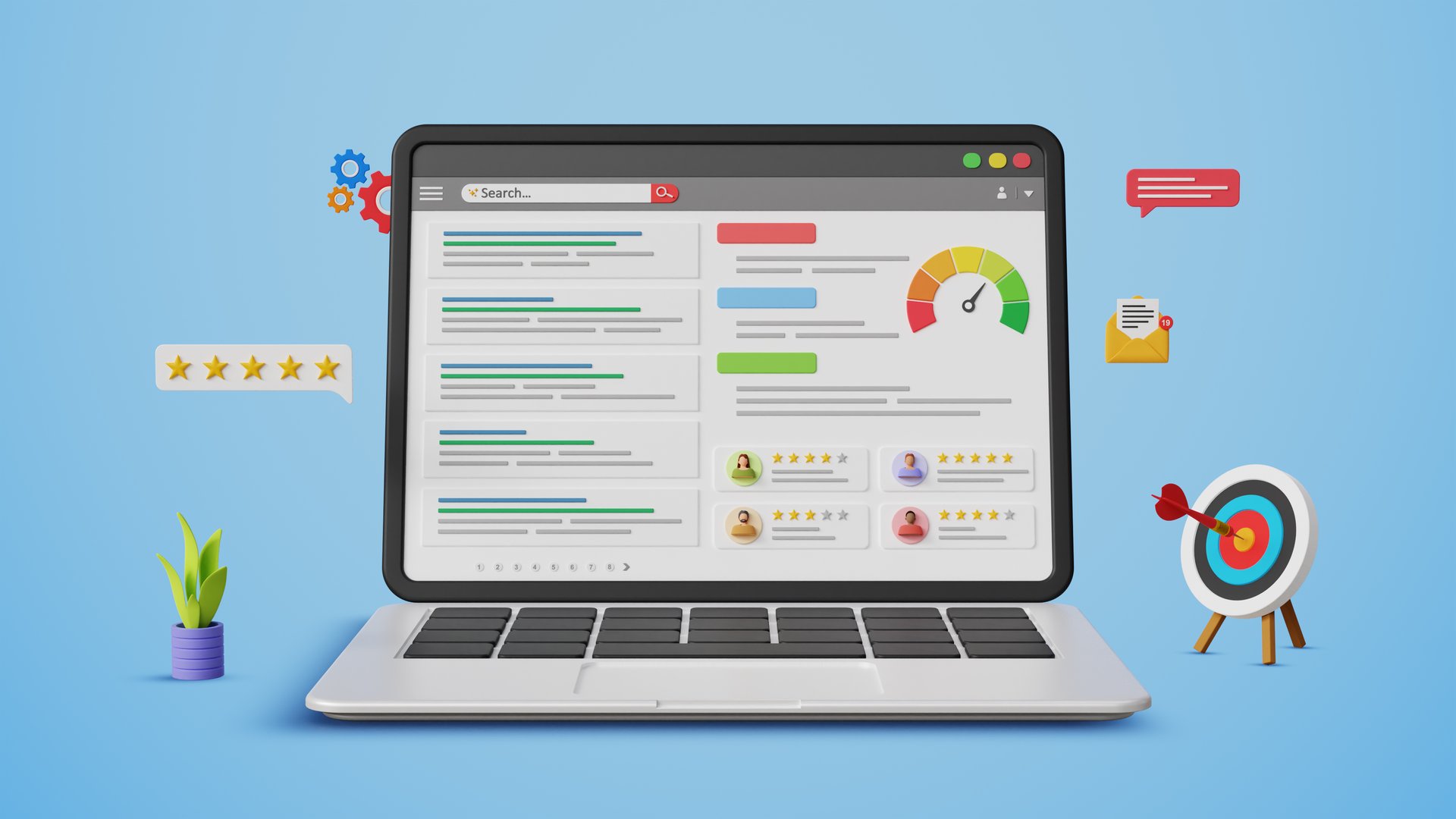 SEO ranking optimization, featured snippets, website SEO, web ranking, site rating, keyword target marketing. Optimized search engine results  page on a laptop. 3D illustration