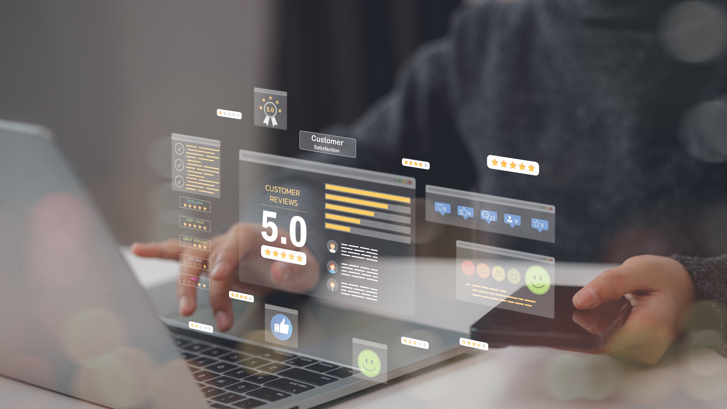 Consumers give Stars and feedback reviews for quality and business reputation ranking from buyers, online customer satisfaction survey service concept. Users give Rate service from experience.