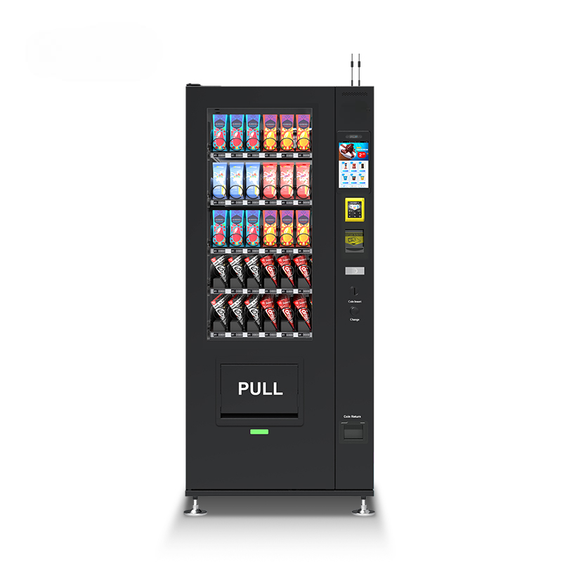 Black vending machine with a transparent front displaying various snack and drink options, coin and card payment options.