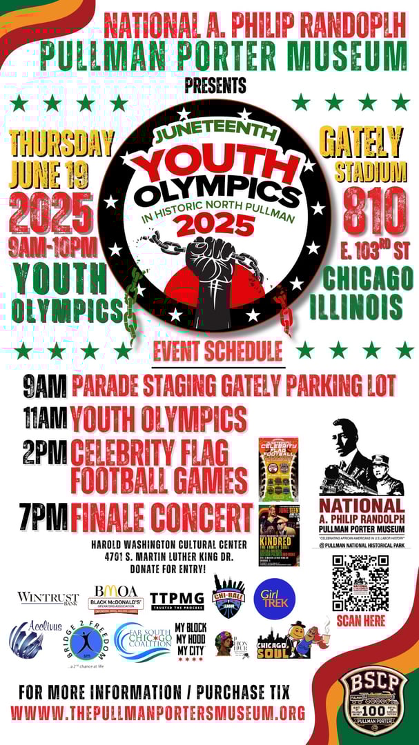 Flyer for Juneteenth Youth Olympics 2025 in Chicago with events like parade, youth games, and concert on June 19.