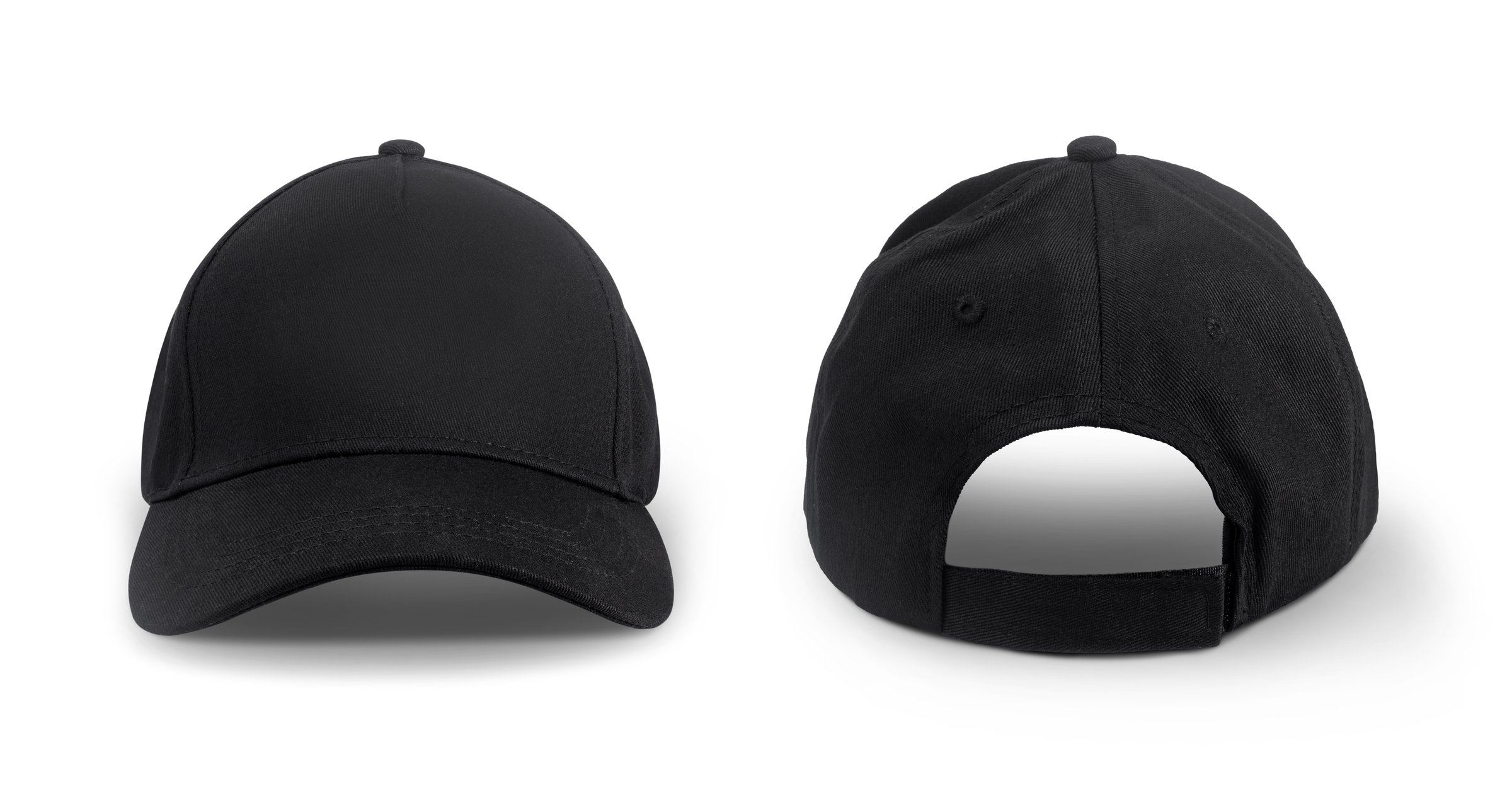 Black baseball caps mockup on a white background, front and back side.