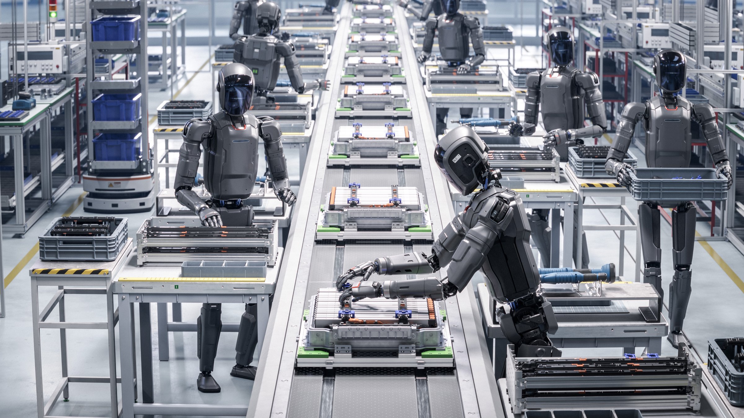 3D Render: Industrial Automation AI Accelerated: Advanced Human Like Robots Working on Complex Detail in Industrial Environment. Autonomous AI Powered Humanoid Robot Works at Factory on Assembly Line.