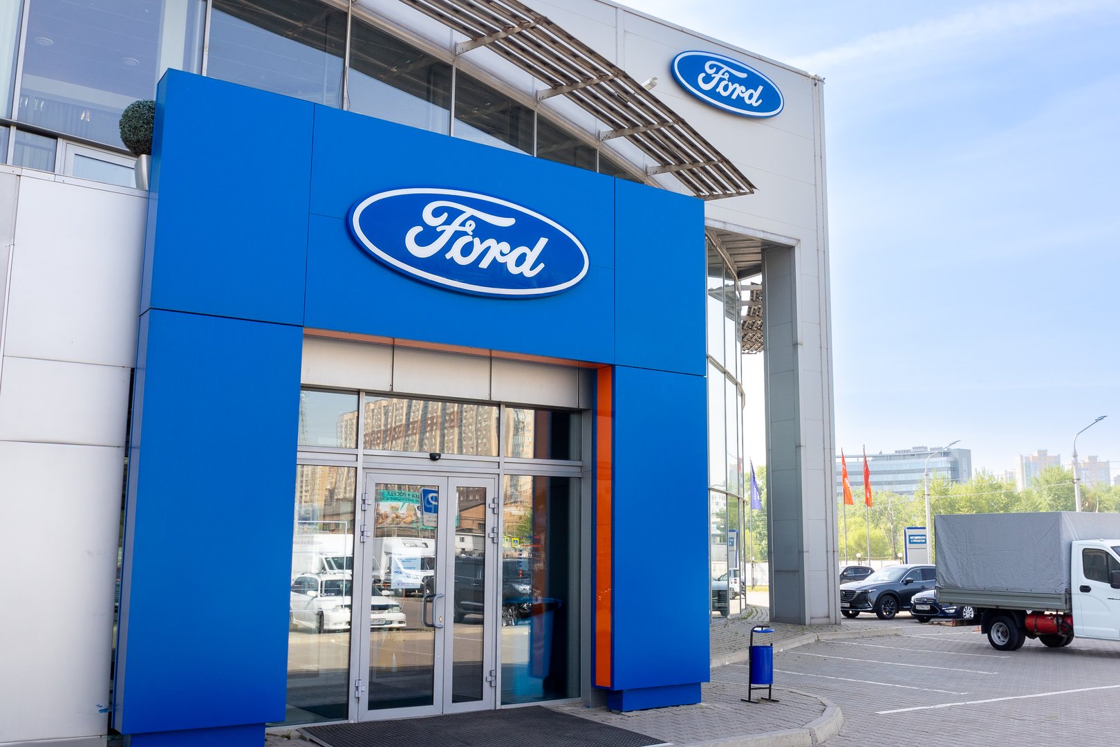 Krasnoyarsk, Russia - May 19, 2022: Ford dealership store. Showroom of a brand. American automobile manufacturer.