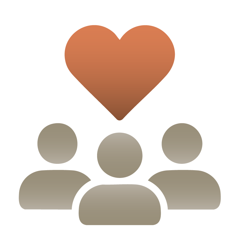 Three stylized figures with a large heart above, symbolizing community, support, or unity.