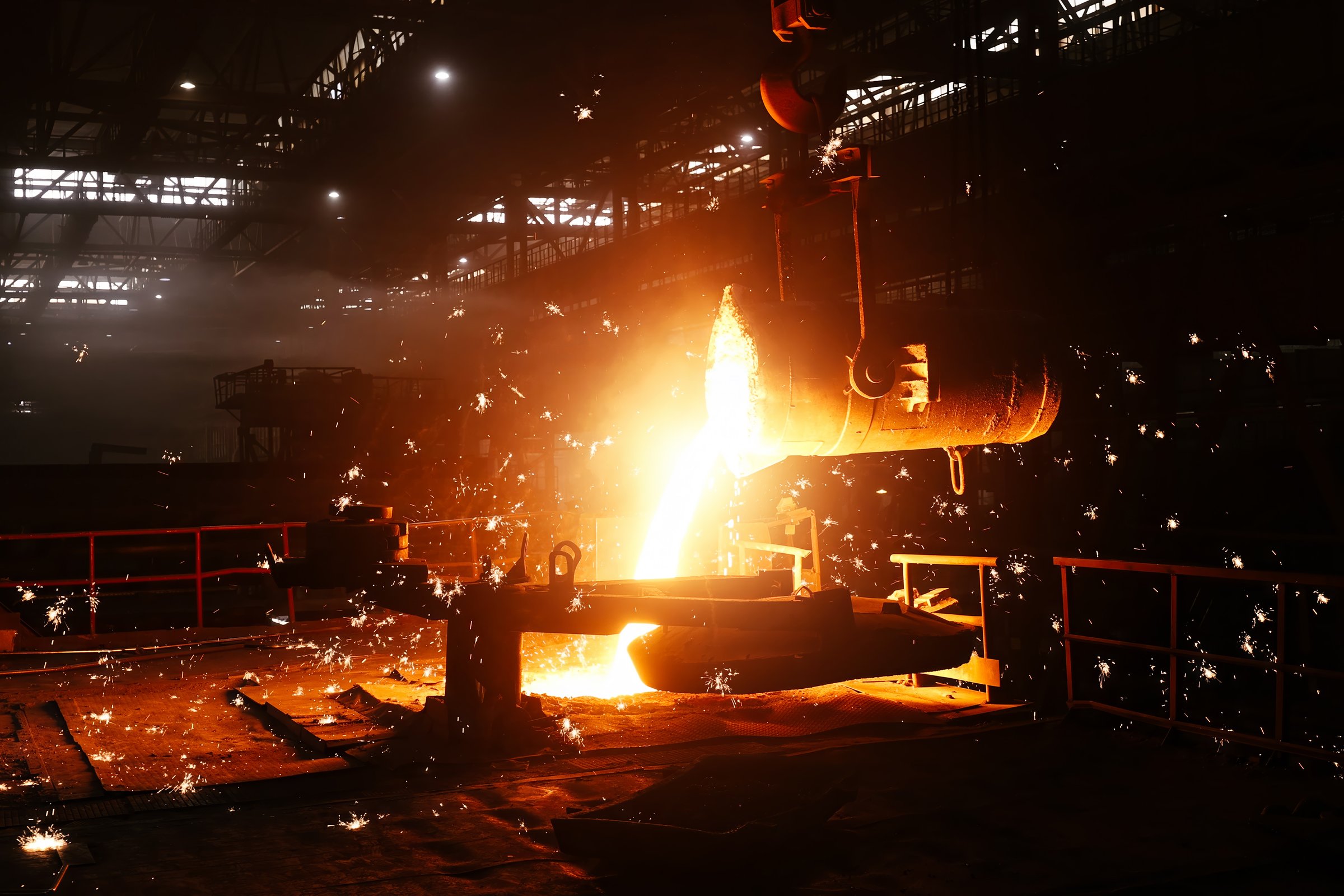 Metal casting process in metallurgical plant. Liquid metal pouring into molds.