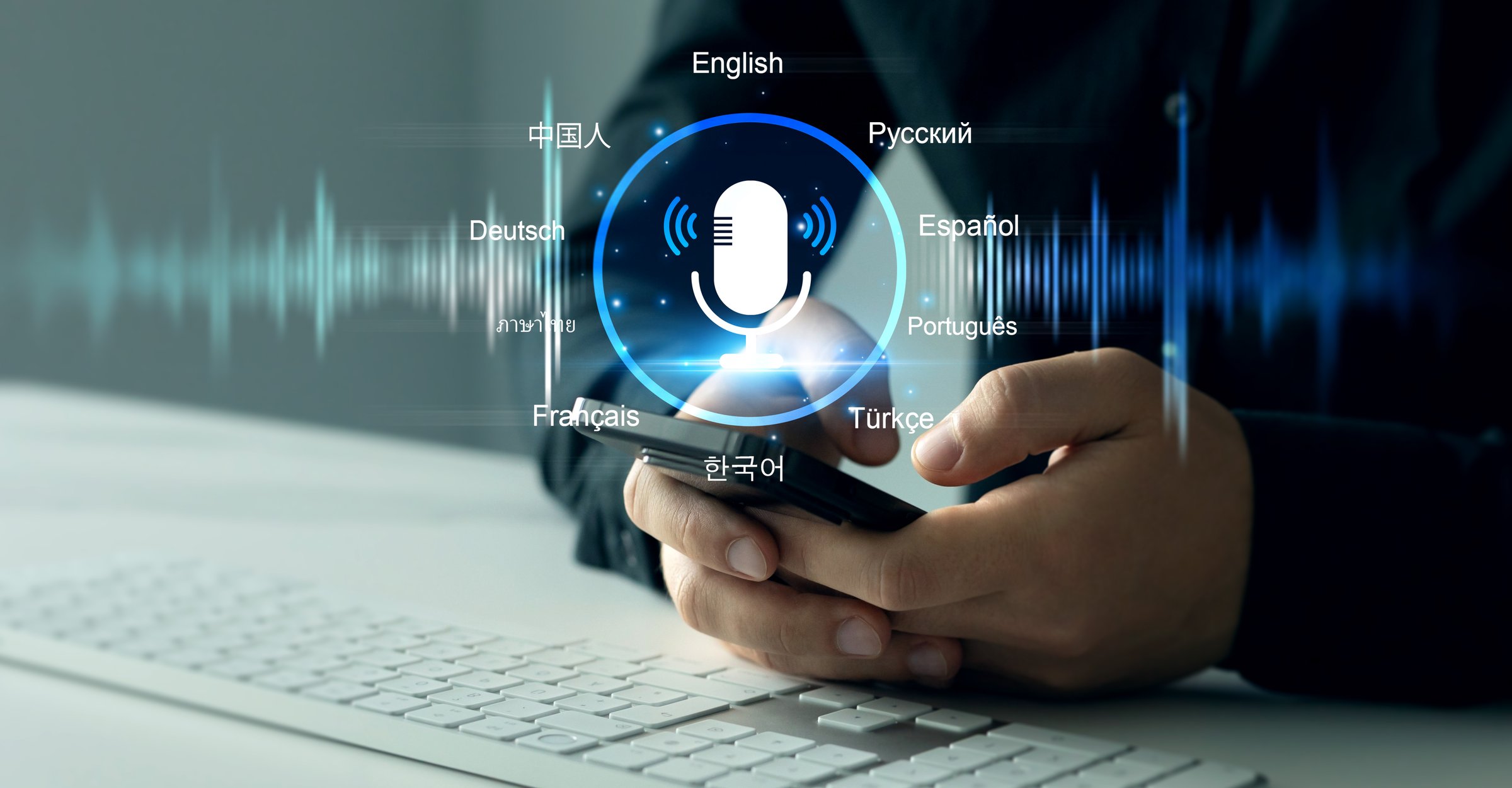 Translate languages technology concept.Translations using the microphone voice.Translator language course and education. Businessman use smartphone for translate language.