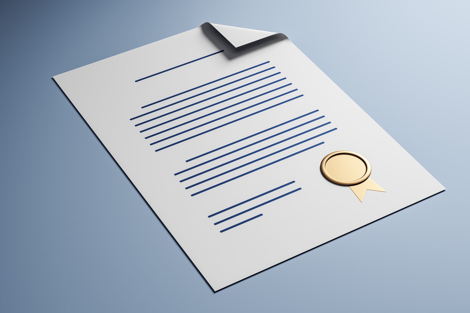 Realistic document with blue text lines and gold seal on curled white paper lying on light gradient background. Concept of certified paperwork. 3D Rendering