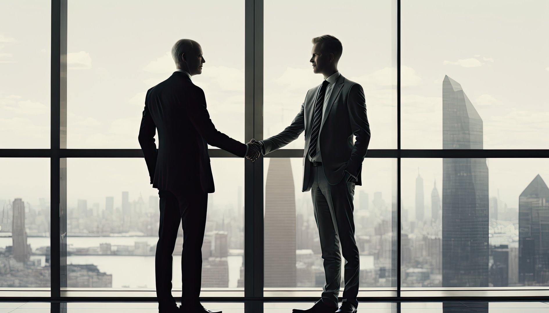 illustration, Business Shake Hands, Two Men Agreeing on a Deal Two men stand across from each other