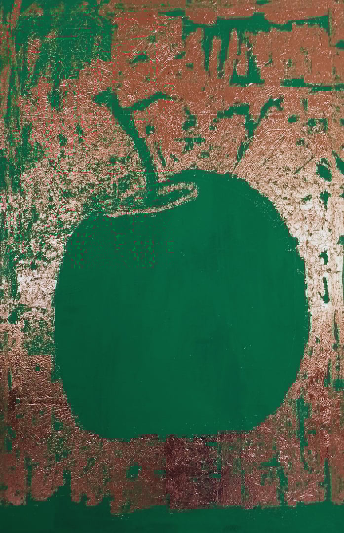 A textured painting of a green apple silhouette on a metallic copper background, with rough brushstrokes.