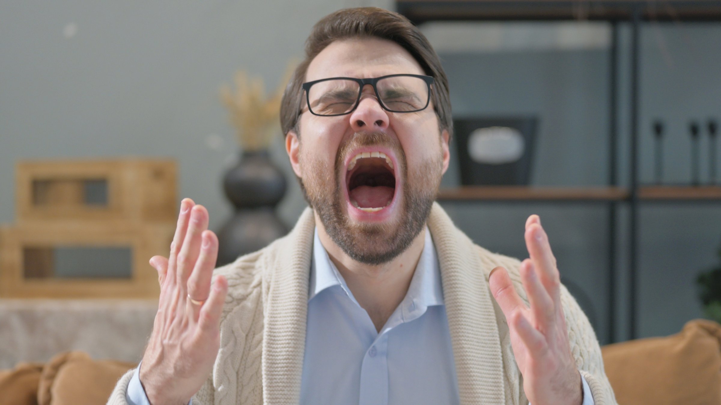 Portrait of Mature Adult Man Screaming and Shouting in Anger