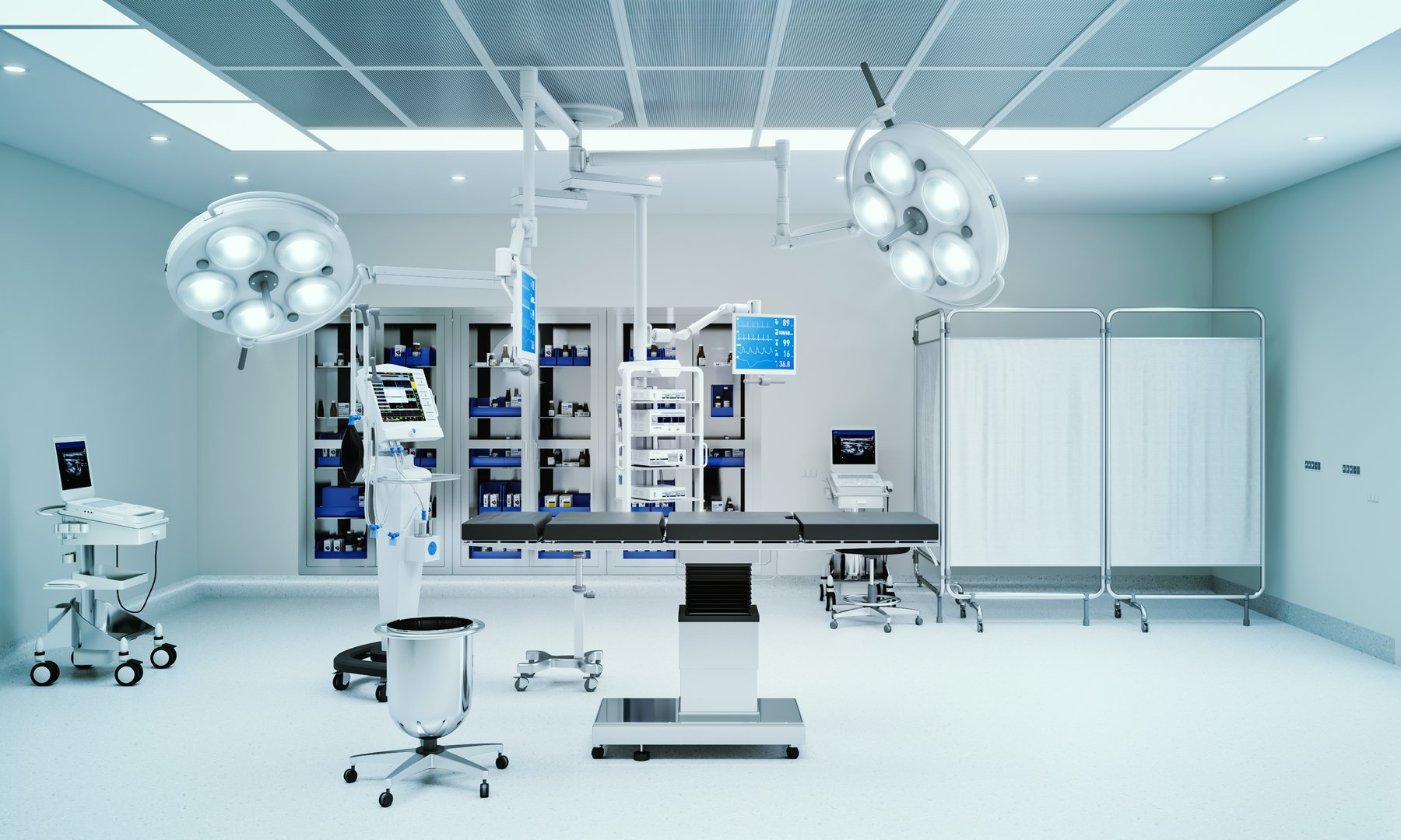 Empty operating room with medical equipment, 3d rendering