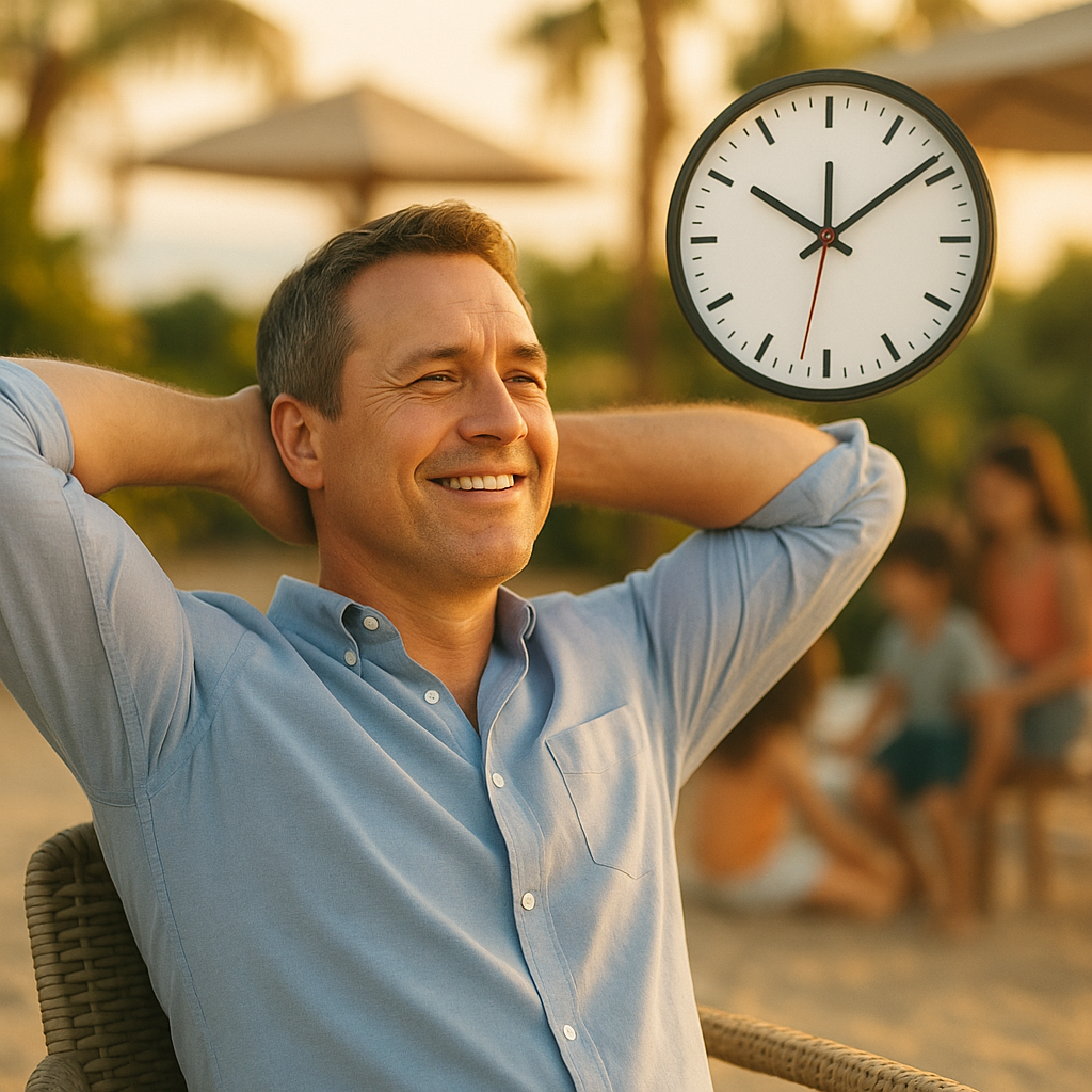 Smiling man with a clock floating beside him, sitting relaxed outdoors. Family enjoying a beach scene in the background.