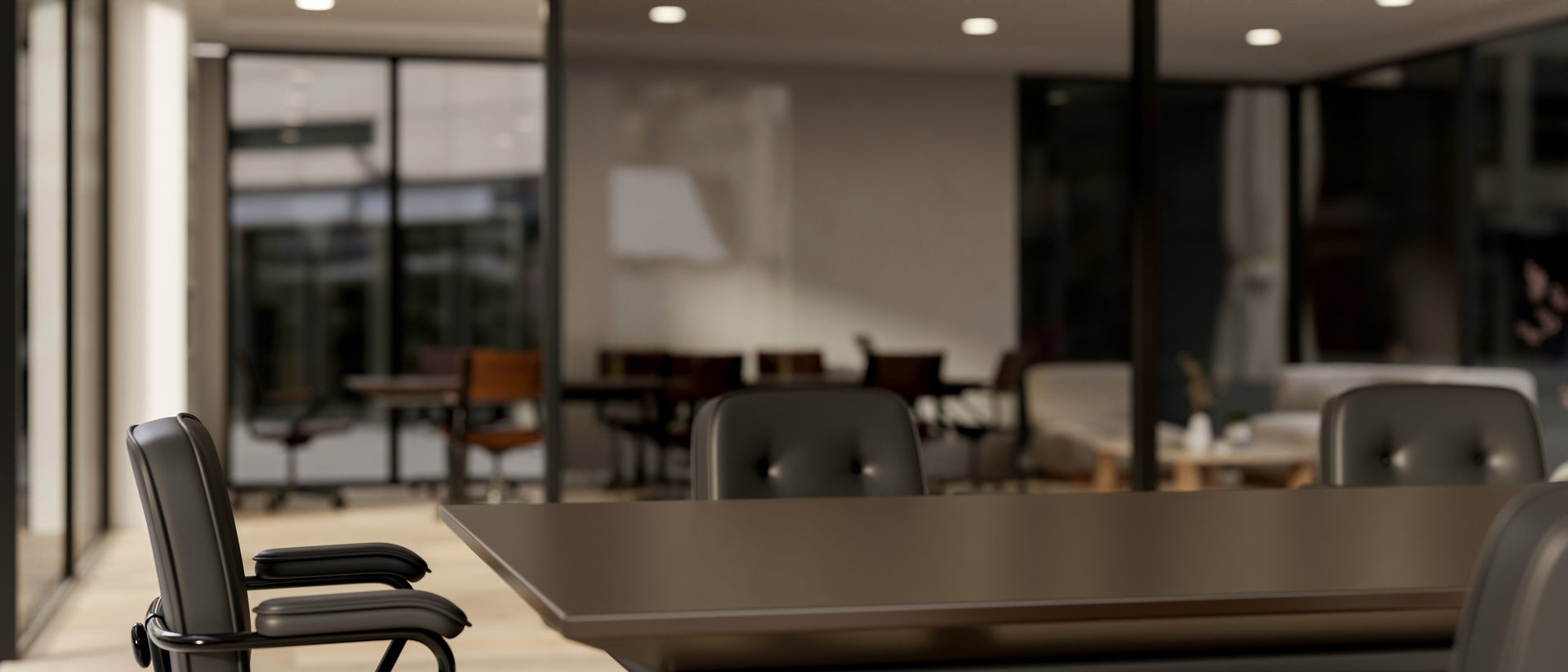 A close-up image of a space for displaying products on a meeting table in a modern meeting room. place of work concept. 3d render, 3d illustration