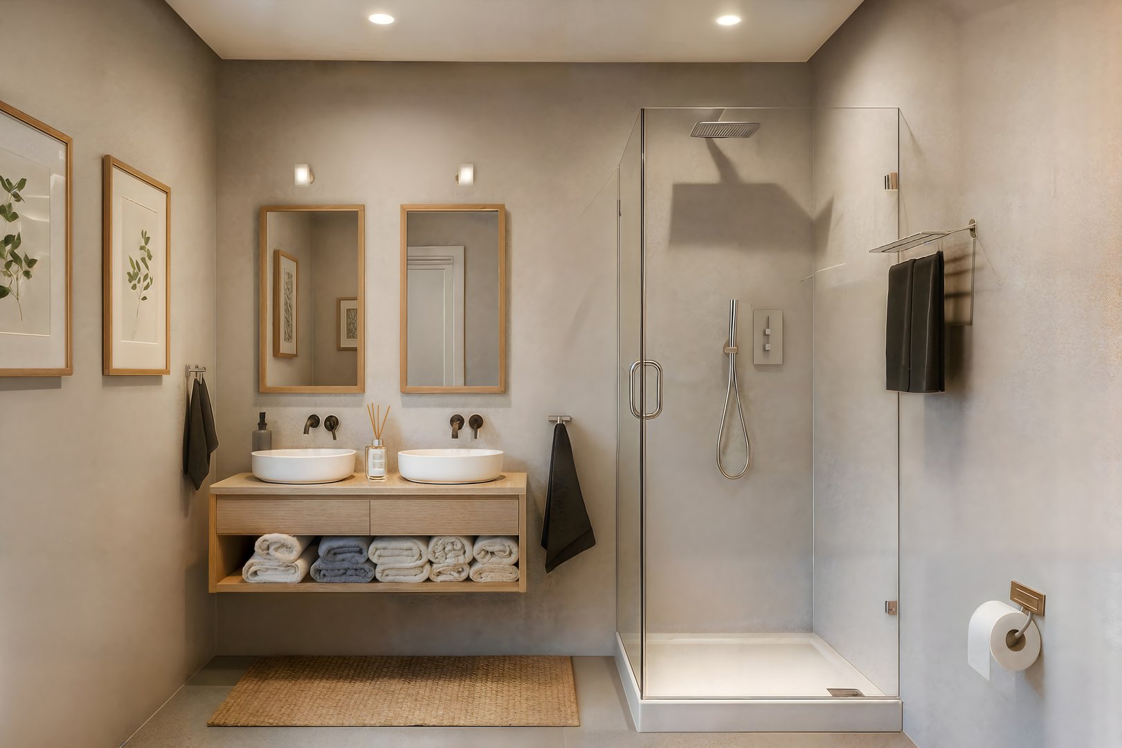 Modern bathroom render with glass walk-in shower, double vanity, neutral tones, interior design visualization, 3D rendering illustration.