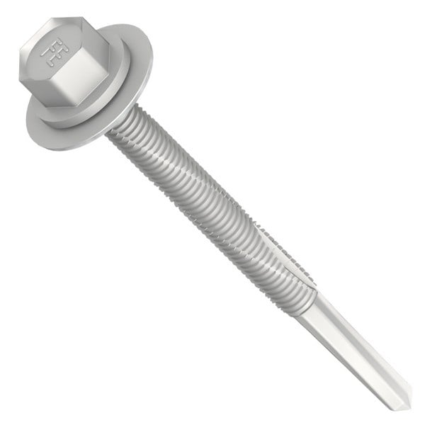 A metal hex-head screw with a washer and a threaded shaft, designed for drilling, shown on a white background.