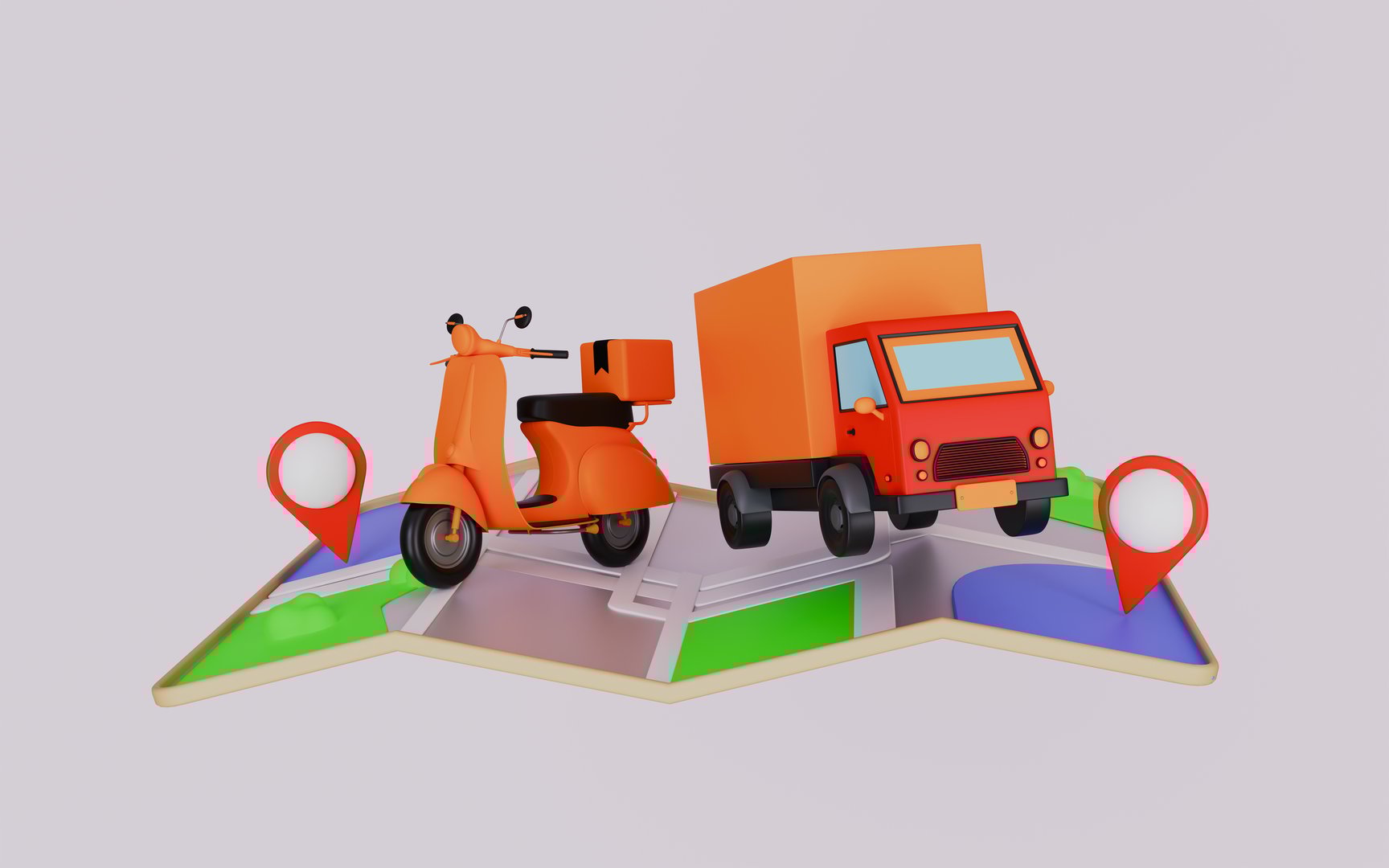 Delivery truck and Scotter with pins on map 3d illustration