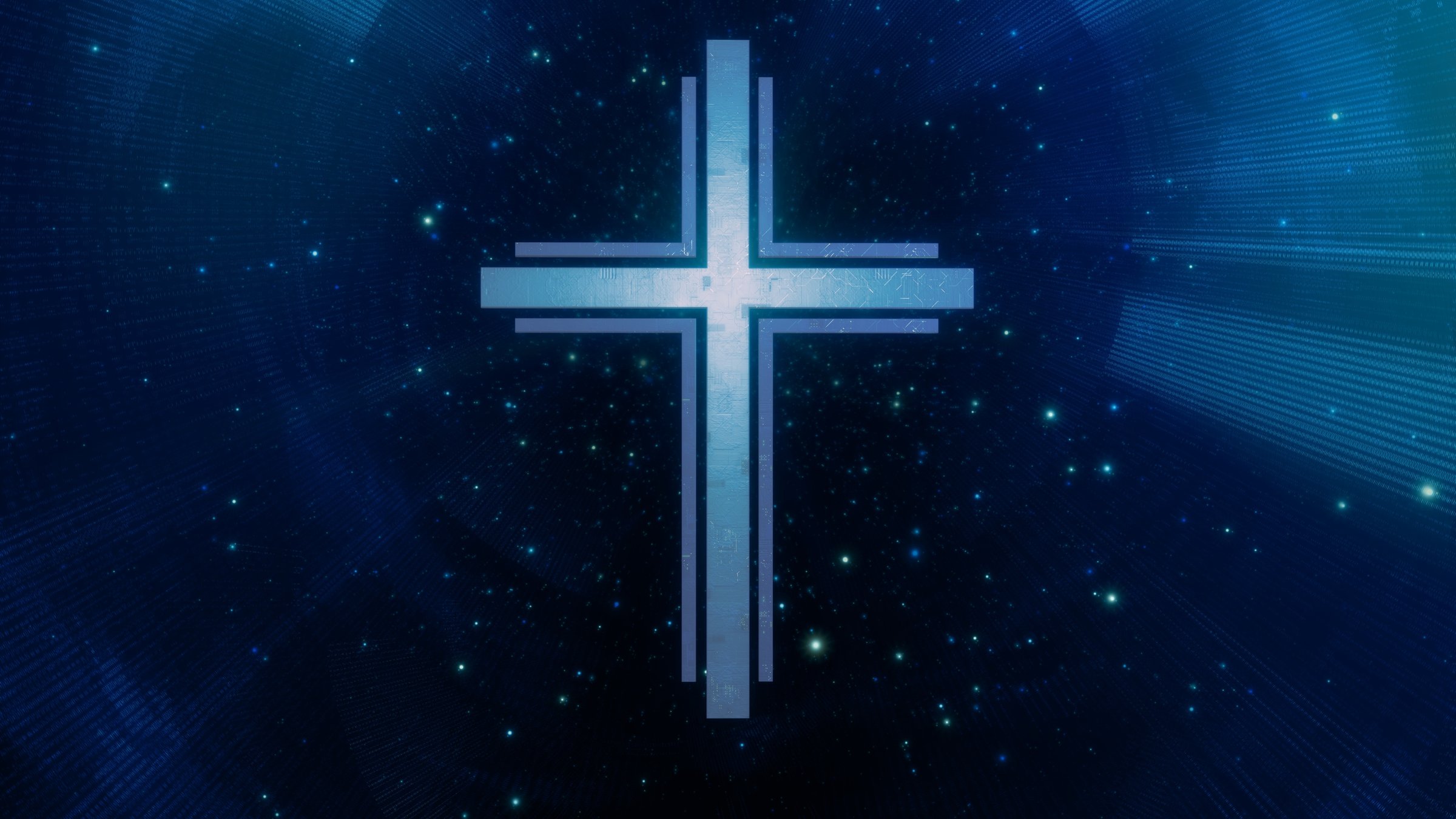 Futuristic Christian cross in ethereal sparkling blue cyberspace loop. Concept 3d animation of Roman Catholic scifi crucifix as religious sign of a modern spirituality and faith in the digital world
