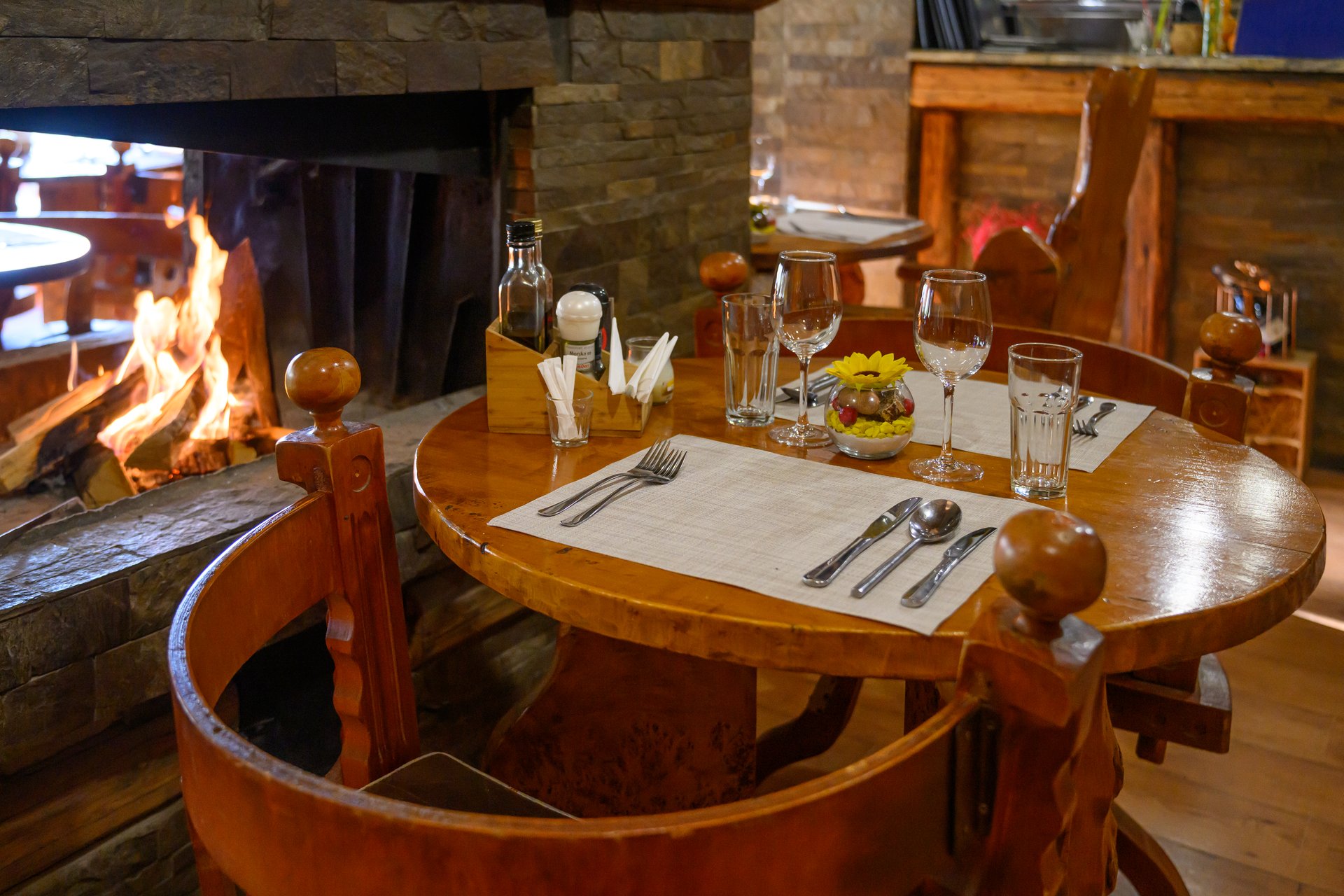 Retro restaurant with fireplace.