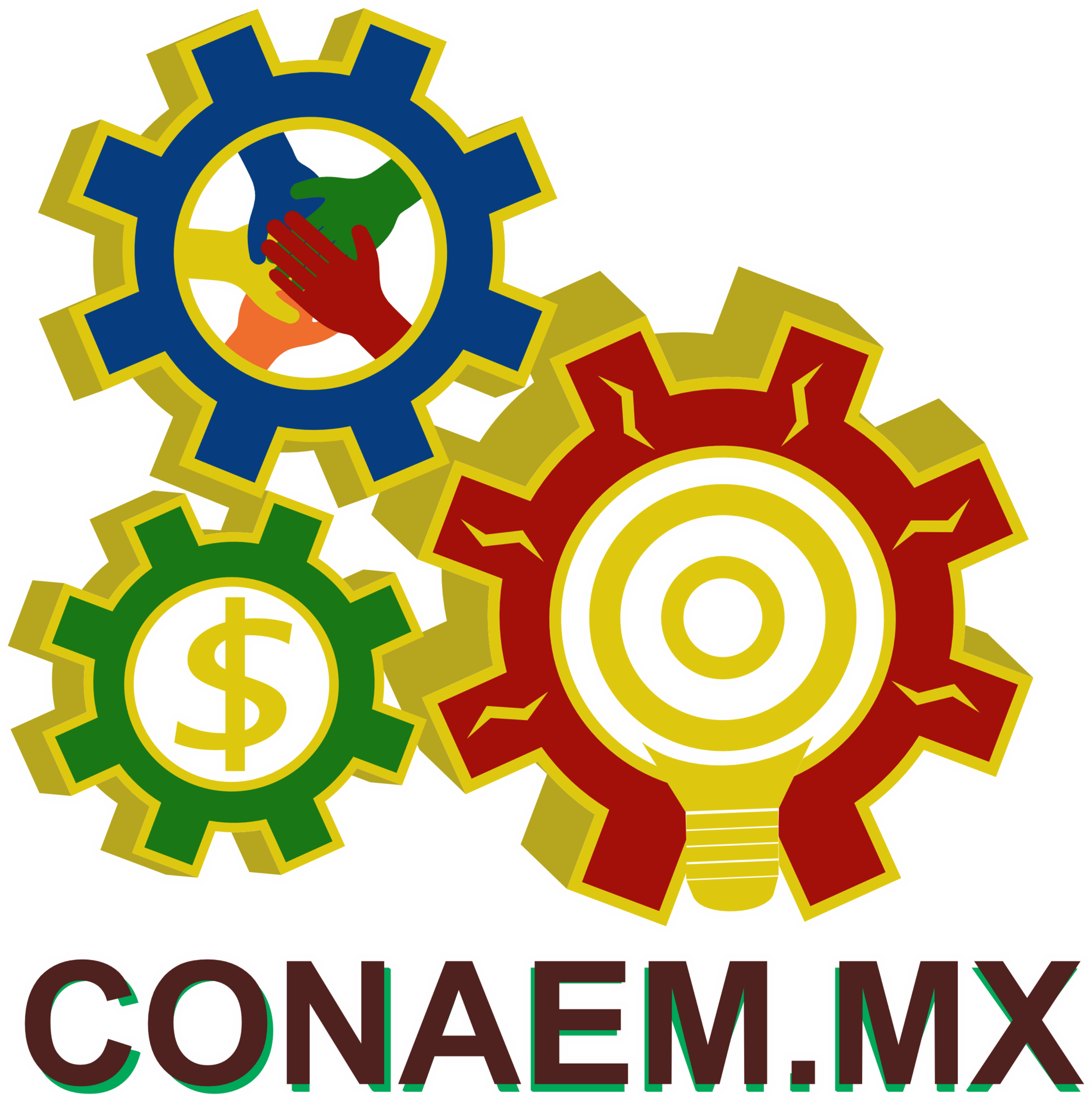 Three colorful gear icons with dollar sign, handshake, and lightbulb in center. Text: CONAEM.MX below.