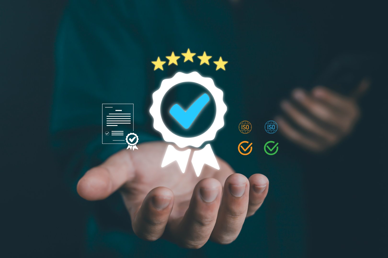 Hand presenting glowing award badge with check mark and five-star rating, representing ISO certification, quality assurance, customer trust, compliance, professional business standards, excellence.