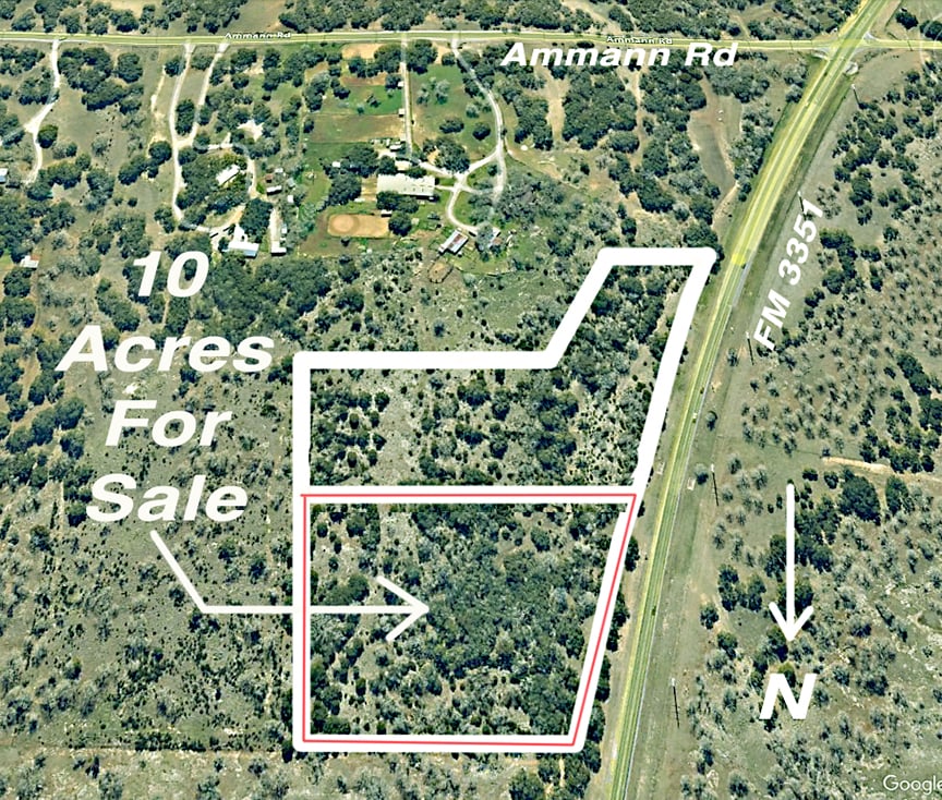 Aerial view showing a 10-acre plot of land for sale, outlined in red, near FM 3351 and Ammann Rd, with trees and open space.
