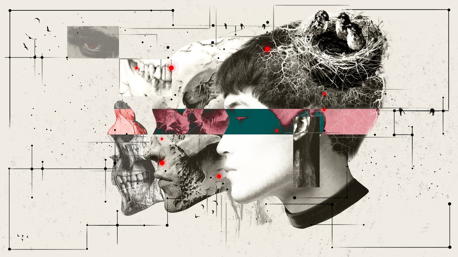 Surreal collage of male profile with skull, abstract elements, bird nest in monochrome and color palette. Conceptual art. Exploring the theme of existence. Concept of psychology, surrealism, science