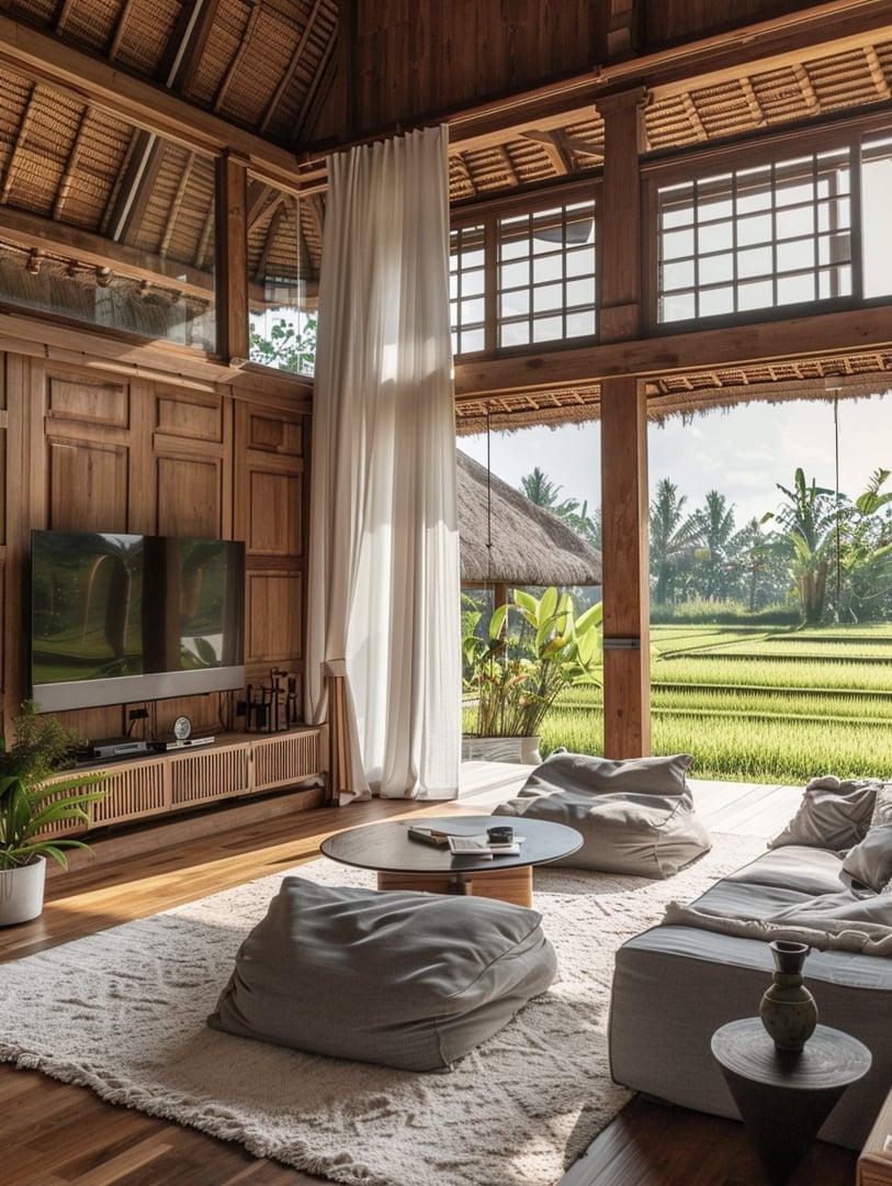 Modern living room with large windows, white curtains, bean bags, a rug, and views of a lush green landscape.