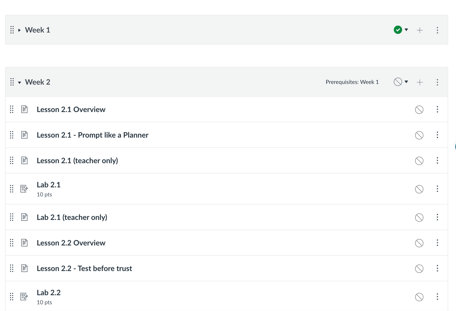 Canvas LMS course structure showing AI Educated curriculum modules, assignments, and learning materials organized in a clear hierarchy
