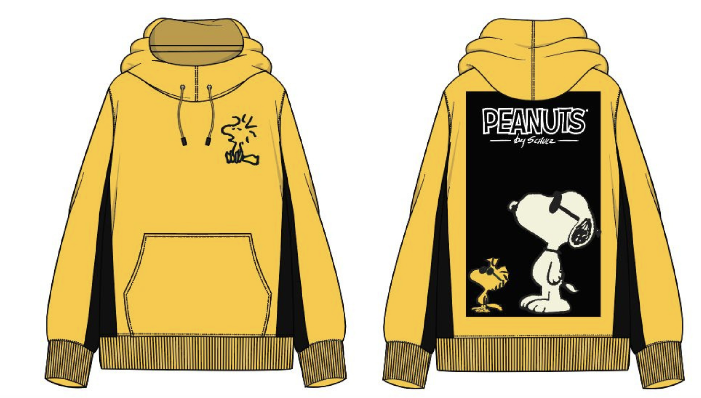 Yellow hoodie with Woodstock on the front and Snoopy on the back, featuring "Peanuts by Schulz" text.