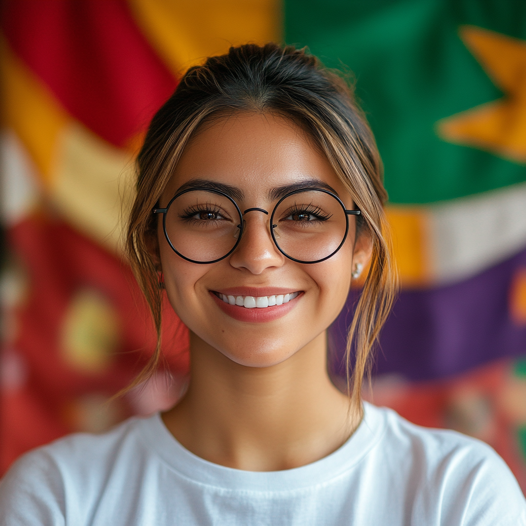 Smiling person with glasses in front of colorful flags, wearing a white shirt, posing for a portrait.