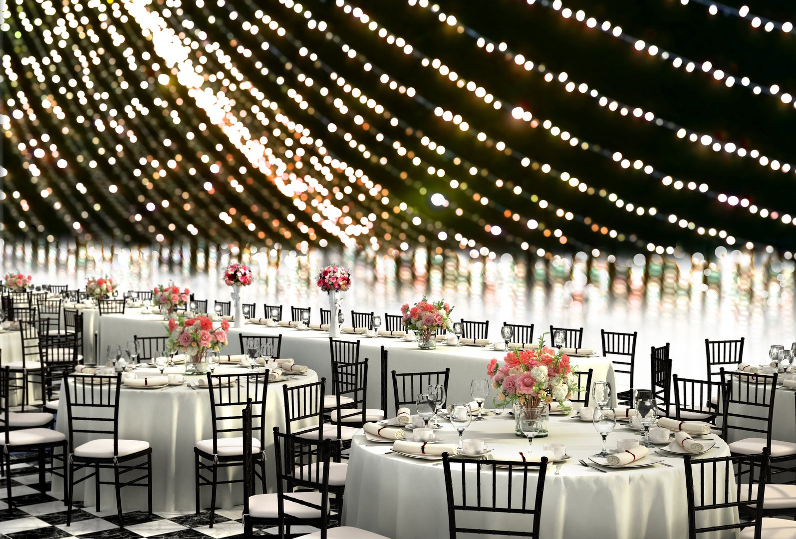 3D Illustration of a wedding reception venue decorated in white with ten seat round tables and a head table on a bokeh background