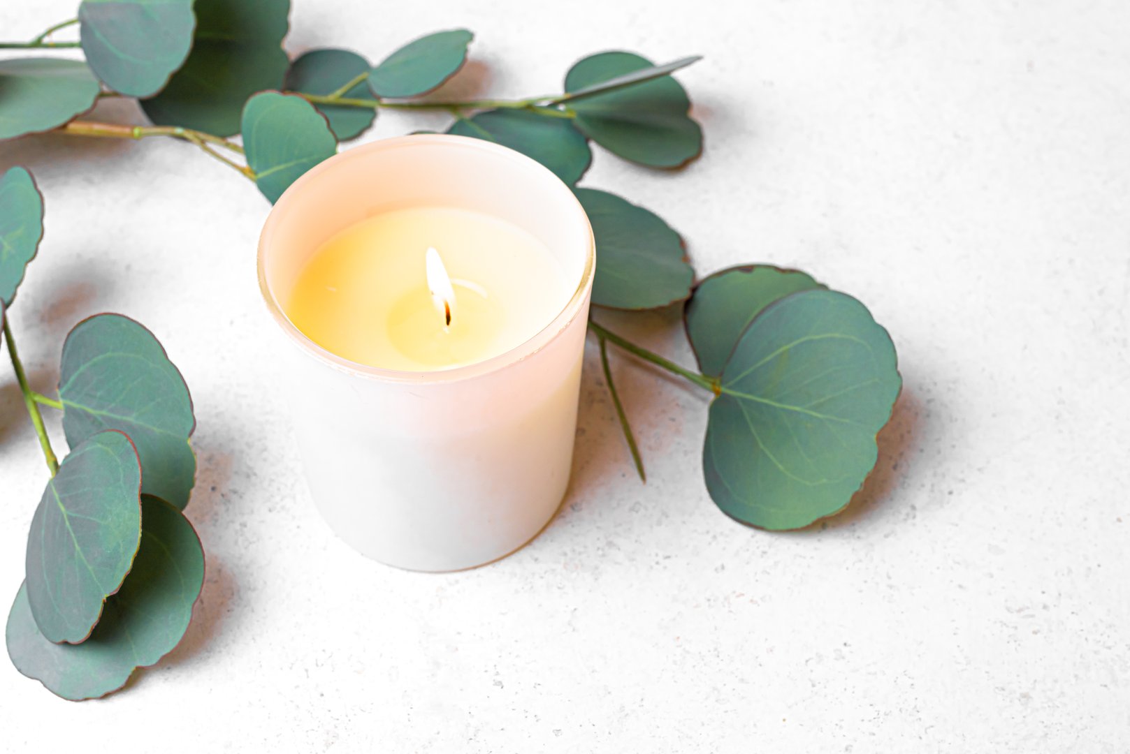 Burning candle in mat glass jar and green eucaliptus leaves on white concrete background, copy space. Spa template and aroma massage concept.