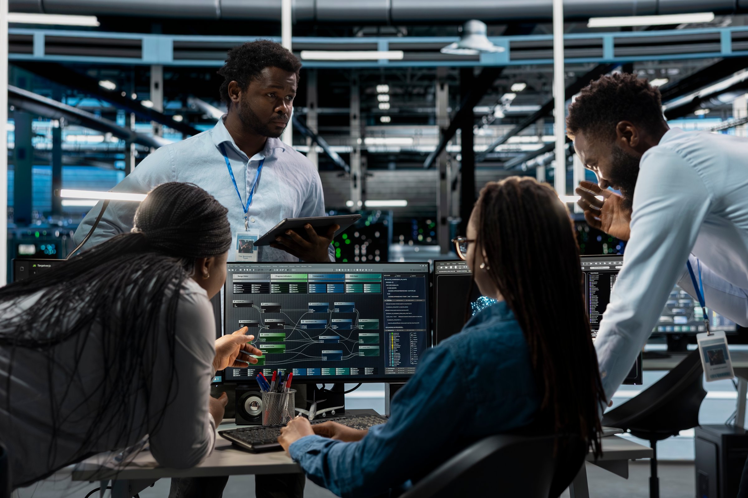 System administrators programming in AI data center housing advanced equipment used for machine learning training. Server hub employees run code on PC to upgrade artificial intelligence systems