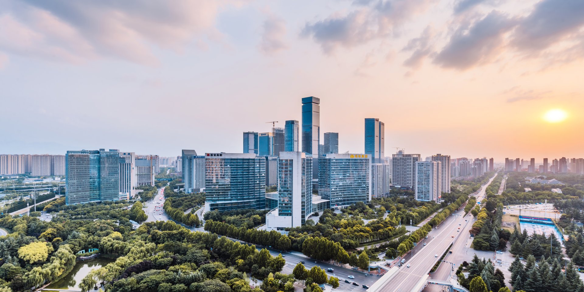 High Angle Dusk Scenery of the High tech CBD City Skyline in Xi'an, Shaanxi Province, China