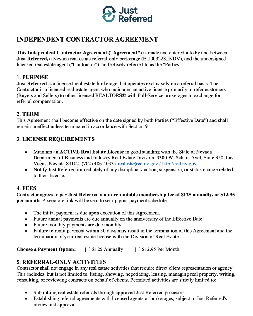 Just Referred Independent Contractor Agreement Page 1