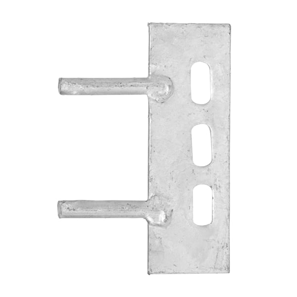 A galvanized steel bracket with three rectangular slots and two protruding rods on a white background.