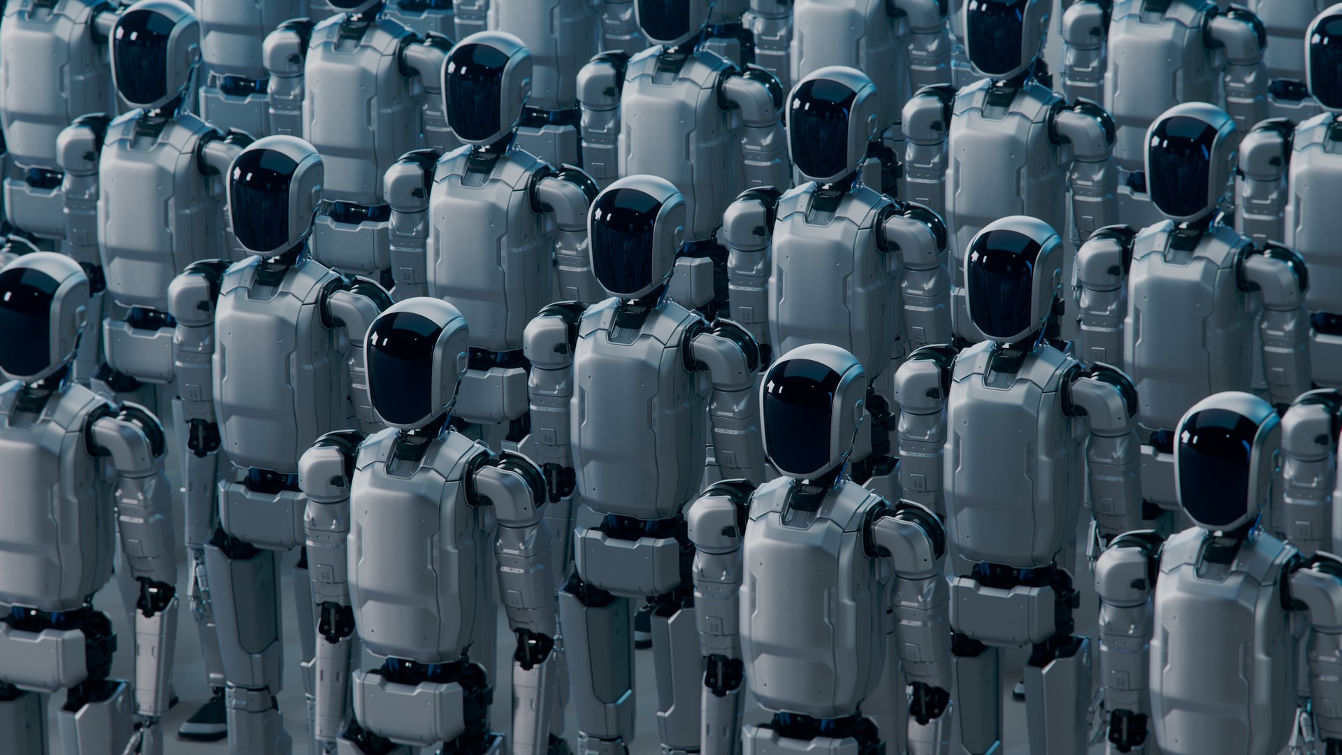 Isometric view of Rows of Standing Futuristic Industrial Humanoid Robots with Glass Visors. Large Amount of Humanoid Robots Standing in Rows