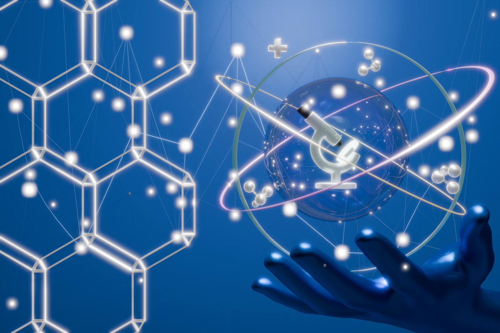 A hand holds a globe with scientific elements, symbolizing innovation and discovery in science. 3d rendering