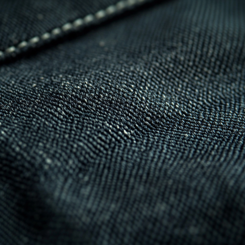 Close-up of dark denim fabric, showcasing its textured weave and stitching details.