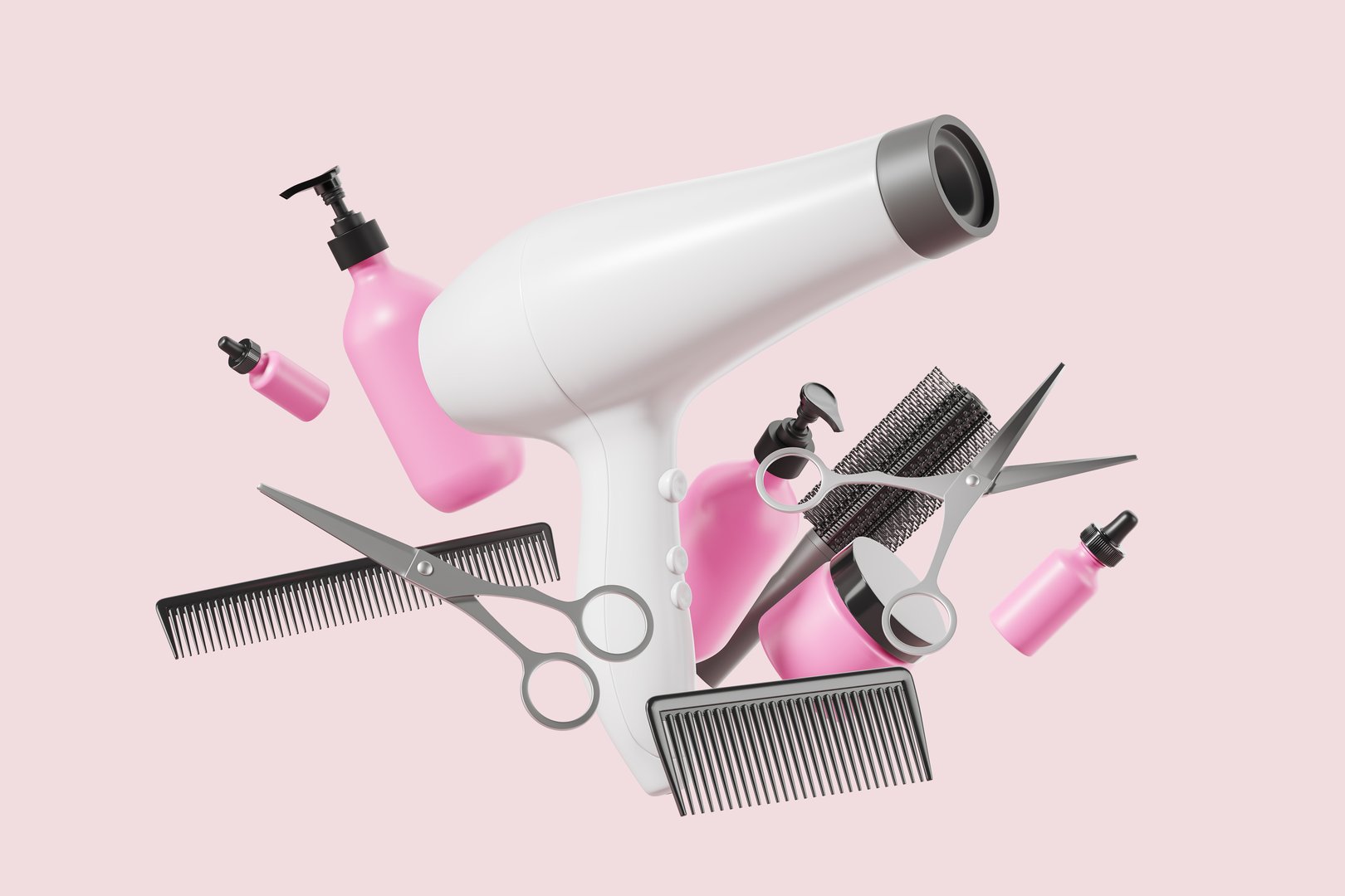 White hairdryer and set of hairdressing equipment with scissors, combs, brushes and cosmetic products over pink background. Concept of beauty salon and hairstyling. 3d rendering