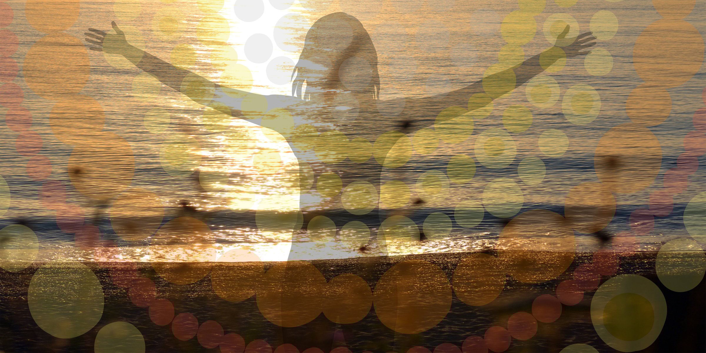 Enjoy life composition with woman silhouette by the sea with open arms