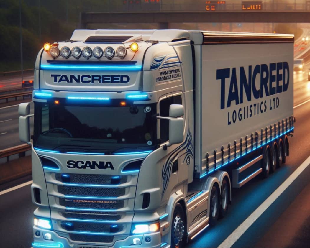 A large white Scania truck with "Tancreed Logistics Ltd" branding, adorned with blue lights, driving on a highway at dusk.