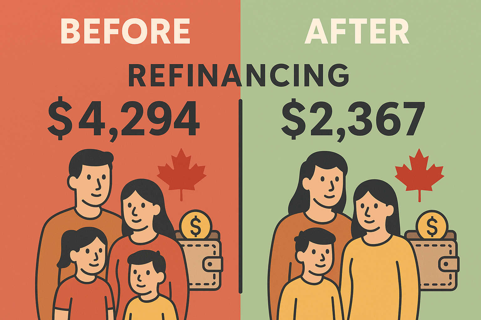 Before and after refinancing chart showing monthly payment drop for Canadian family