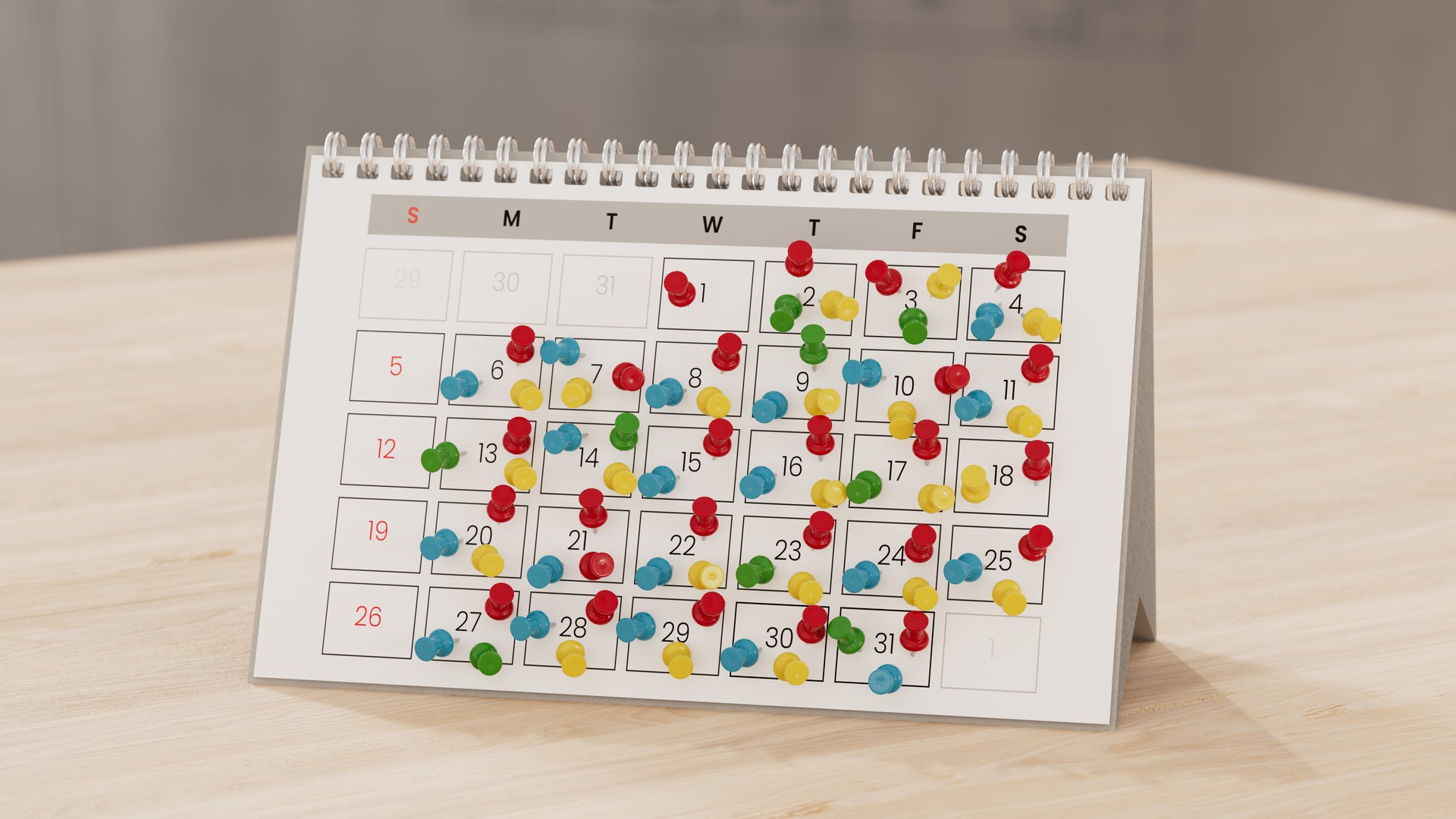 Calendar with lots of push pins, overbooked fully booked schedule concept